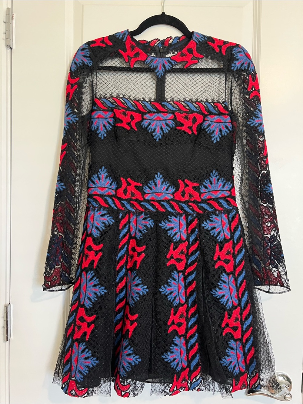 Valentino Black Lace Long-Sleeve Dress with Red & Blue Embroidery